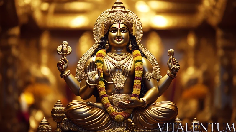 Golden Hindu deity statue glows under dramatic temple light.