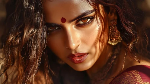 Intense close-up portrait of woman with bindi and jewelry.