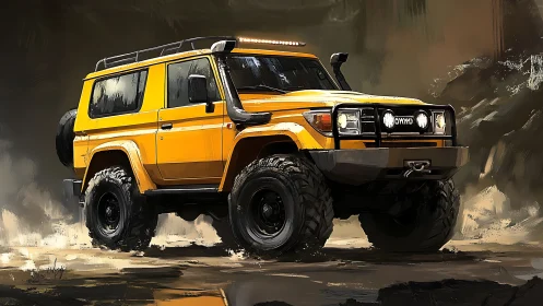 Yellow off-road SUV driving through rugged muddy terrain.