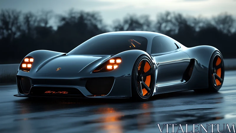 Futuristic sports car glows on a wet dusk racetrack