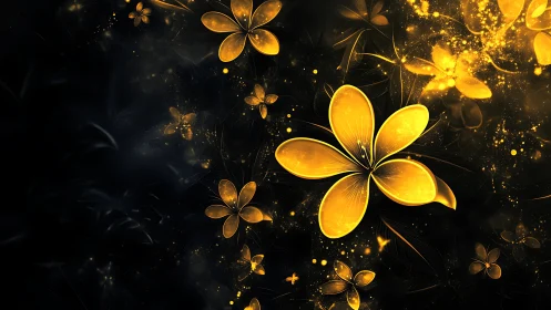 Luminous golden blossoms drift through cosmic black field.