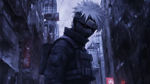 Masked white-haired figure in tactical gear on city street.