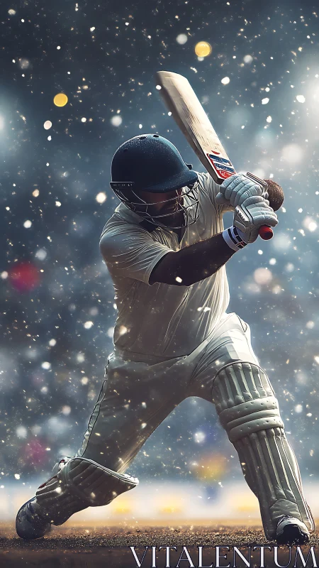 Dynamic cricket batsman in mid-drive with dramatic bokeh lighting