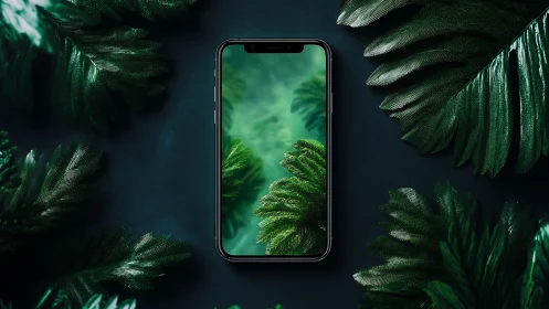 Smartphone centered among dark green tropical leaves.