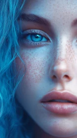 Close-up portrait of blue haired woman with intense gaze.