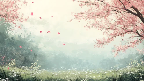 Cherry blossom trees over misty meadow with scattered petals.