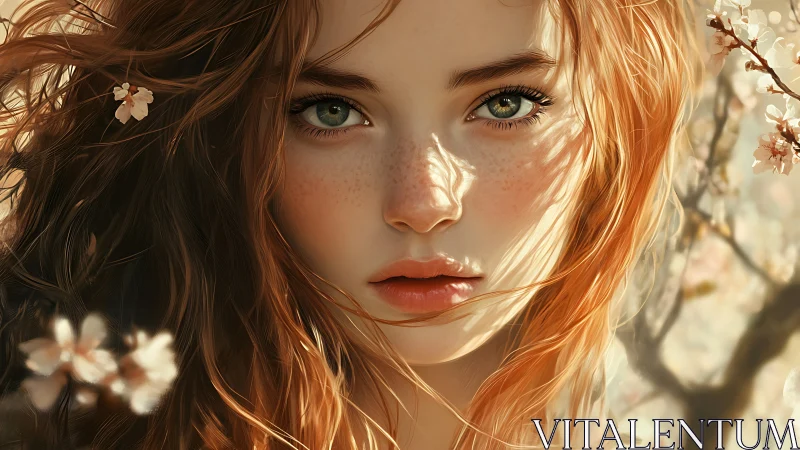 Digital portrait of red-haired woman among blossoms.