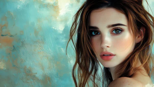 Digital portrait young woman against teal textured backdrop.