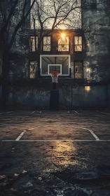 Backstreet hoop glows beneath crumbling dusk windows.
