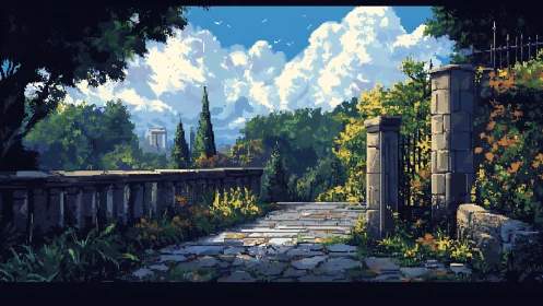 Sunlit stone path gently leads into a peaceful garden