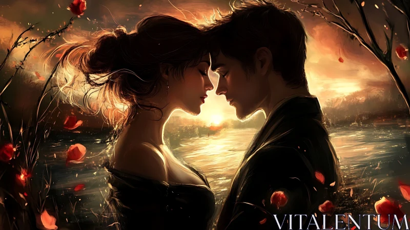 Silhouetted figures intimate profile embrace luminous golden atmospheric rendering