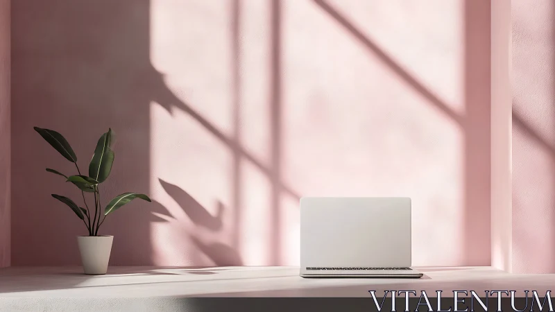 Laptop and potted plant on surface against pink wall.