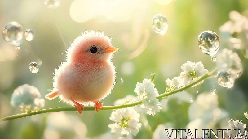 Pastel chick balanced on blossom branch in glowing spring