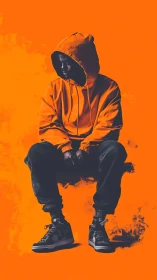 Hooded streetwear figure glows against vivid orange field.