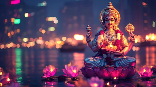 Neon waterfront goddess on lotus throne blessing nightscape.