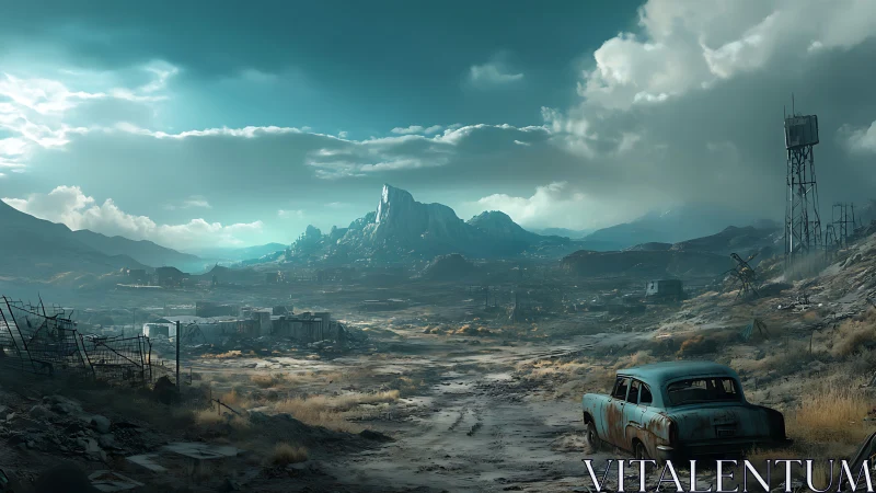 Desert plain with derelict car and distant rocky formations