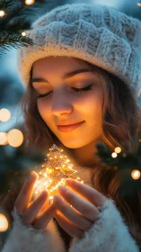 Winter portrait with girl holding glowing mini Christmas tree.
