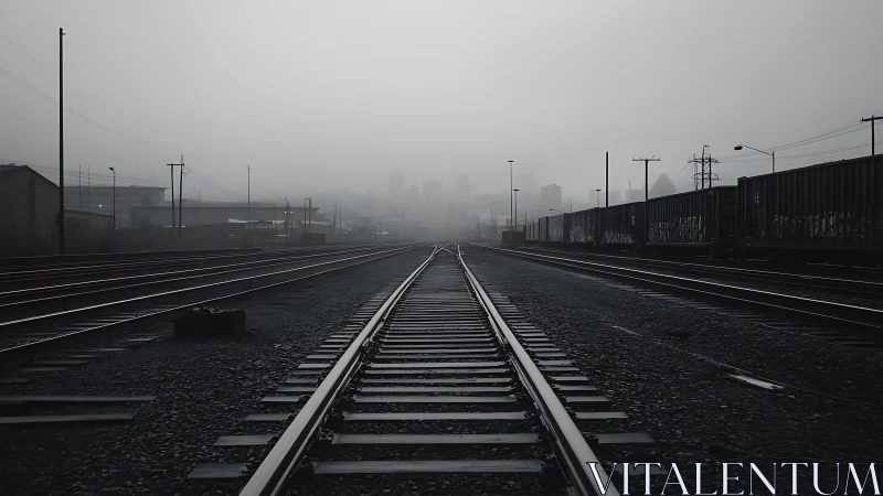 Converging railway tracks in foggy industrial freight yard.