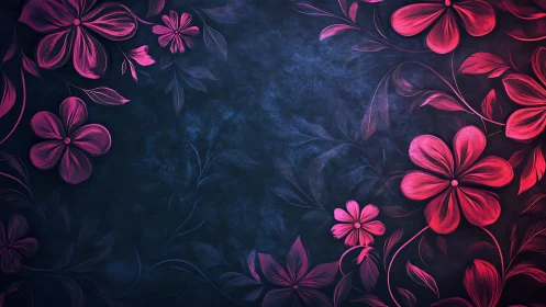 Neon Floral Garden Against Dark Blue Textured Canvas