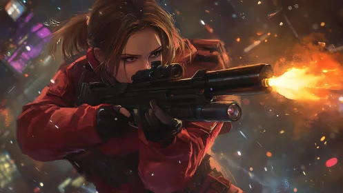 Cyber sniper unleashes blazing rifle burst in neon chaos