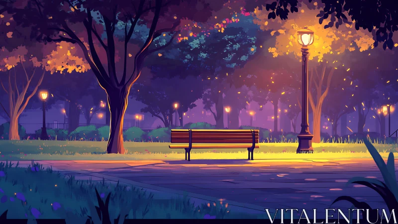 Lonely park bench quietly soaks in violet-tinted twilight glow