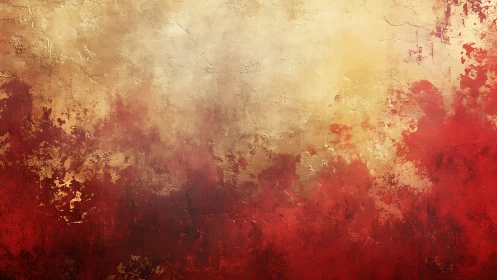 Abstract textured painting with warm red and gold hues, rustic finish.