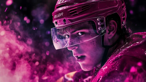 Electric ice hockey moment in vivid neon pink focus.