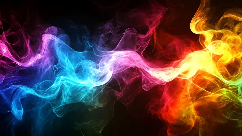 Multicolor luminous smoke waves on black digital gradient field