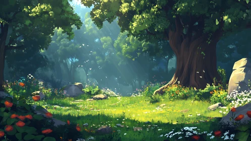 Ancient forest clearing with sunlit glade surrounded by mature trees