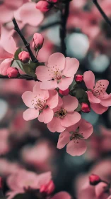 Delicate pink blossoms bloom on dark branches in spring