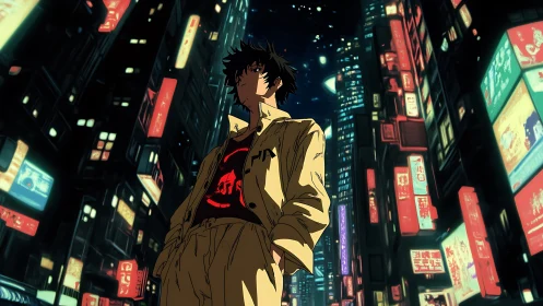 Cyber-noir protagonist framed by neon-lit high-rise canyon at night