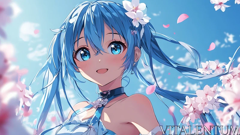 Blue haired anime girl with cherry blossoms in spring sky.