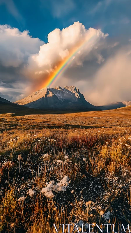Golden mountain meadow under a gentle rainbow glow.