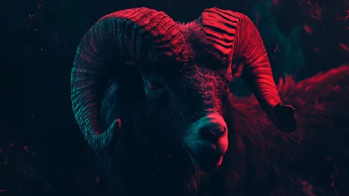 Ram stands under neon red teal lighting in dark haze