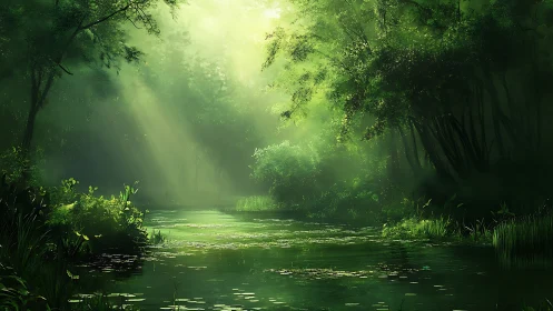 Sunlit forest river corridor with dense green canopy