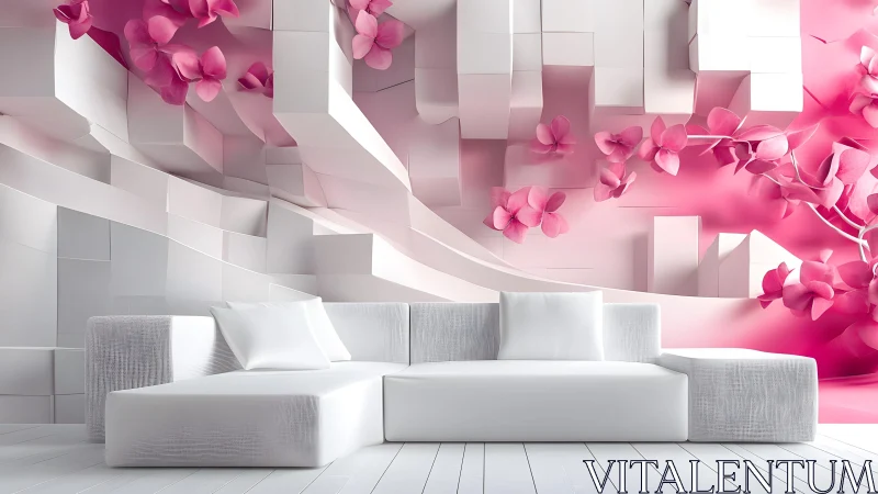 Modern white sofa with 3D geometric wall and pink floral art.