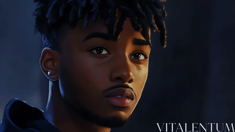 Moody digital portrait of young man in rim-lit three-quarter view
