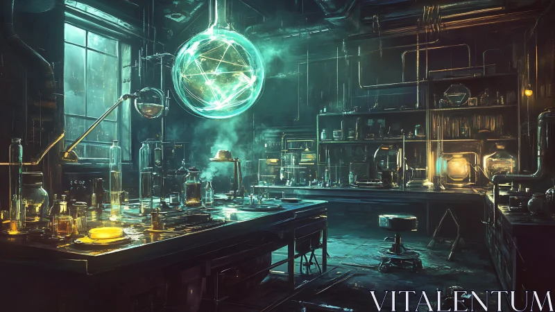 Glowing alchemy lab bathed in emerald light and quiet wonder.