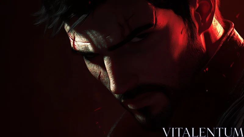 Scarred man glares under red rim light in dark closeup