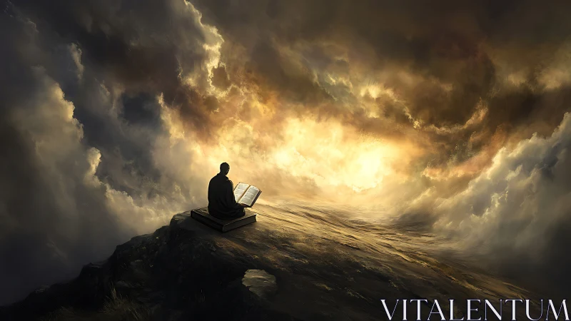 Solitary reader welcomes sunrise light atop a misty cliff