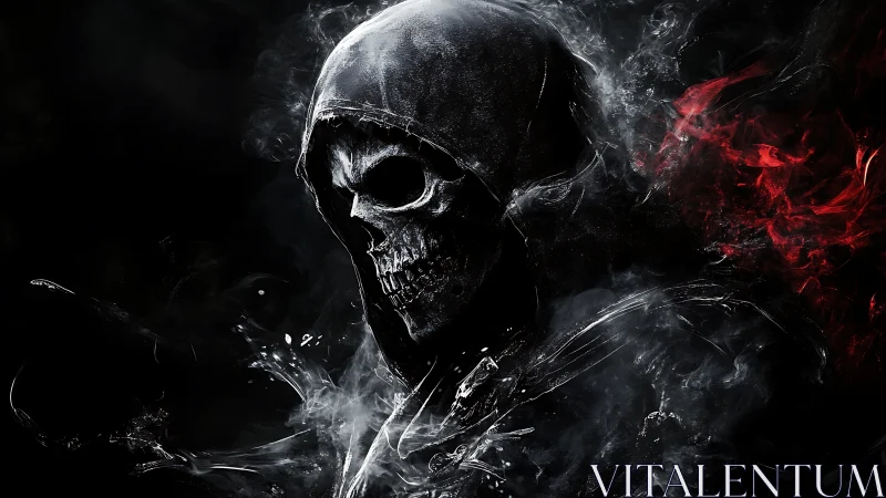 Hooded skull specter emerges through swirling black smoke.