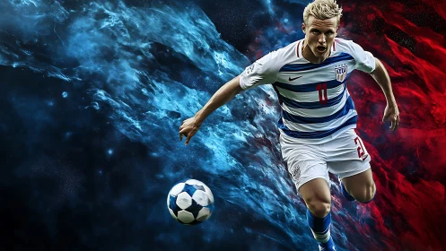 Explosive soccer sprint amid swirling red and blue nebulae.