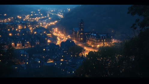 Gothic campus lighthouse aglow in misty blue valley night.