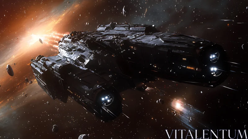 Cinematic 3D starship cruiser in dynamic asteroid-field pursuit.