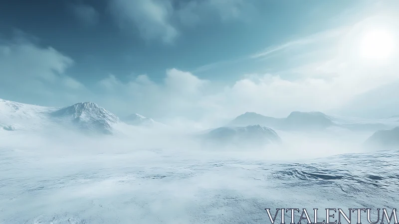 Snow-covered plain extends toward distant icy mountains