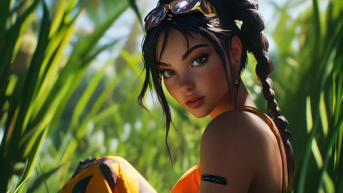 Freckled girl in orange top sits in bright green field.