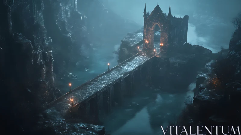 Gothic stone bridge leads toward misty riverside chapel