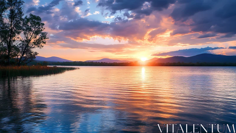 Sunset over tranquil lake with vivid reflective color palette.