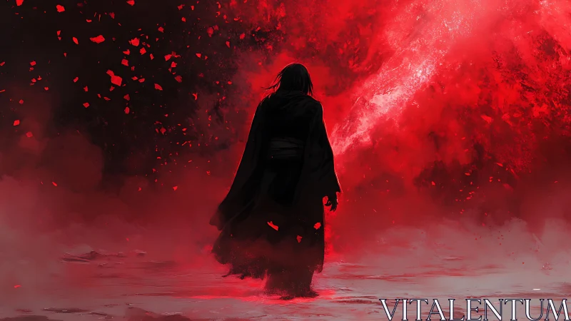 Solitary cloaked figure advances toward turbulent red energy field