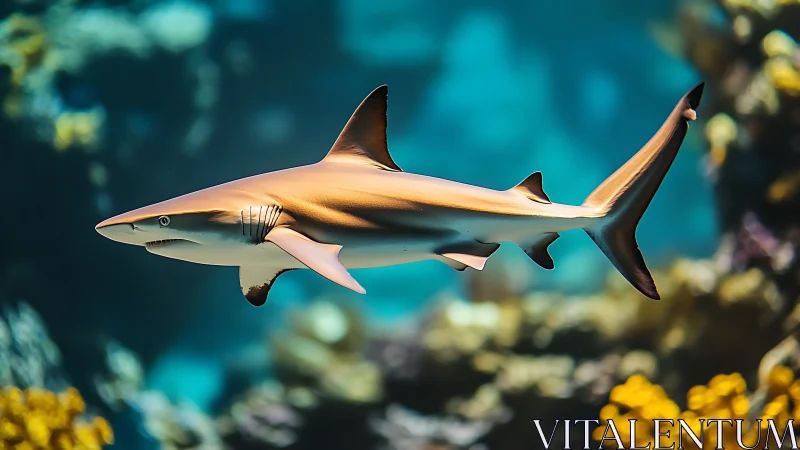Sleek reef shark glides through a sunlit coral seascape.